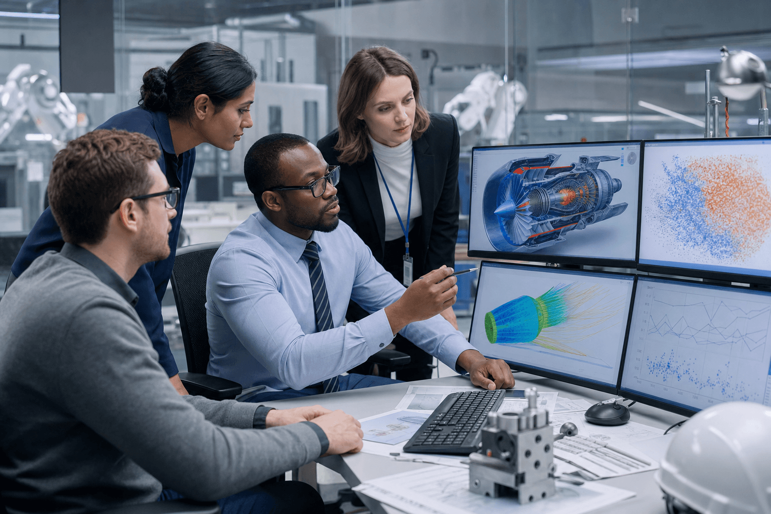 Scientists and engineers reviewing simulation and analytics models
