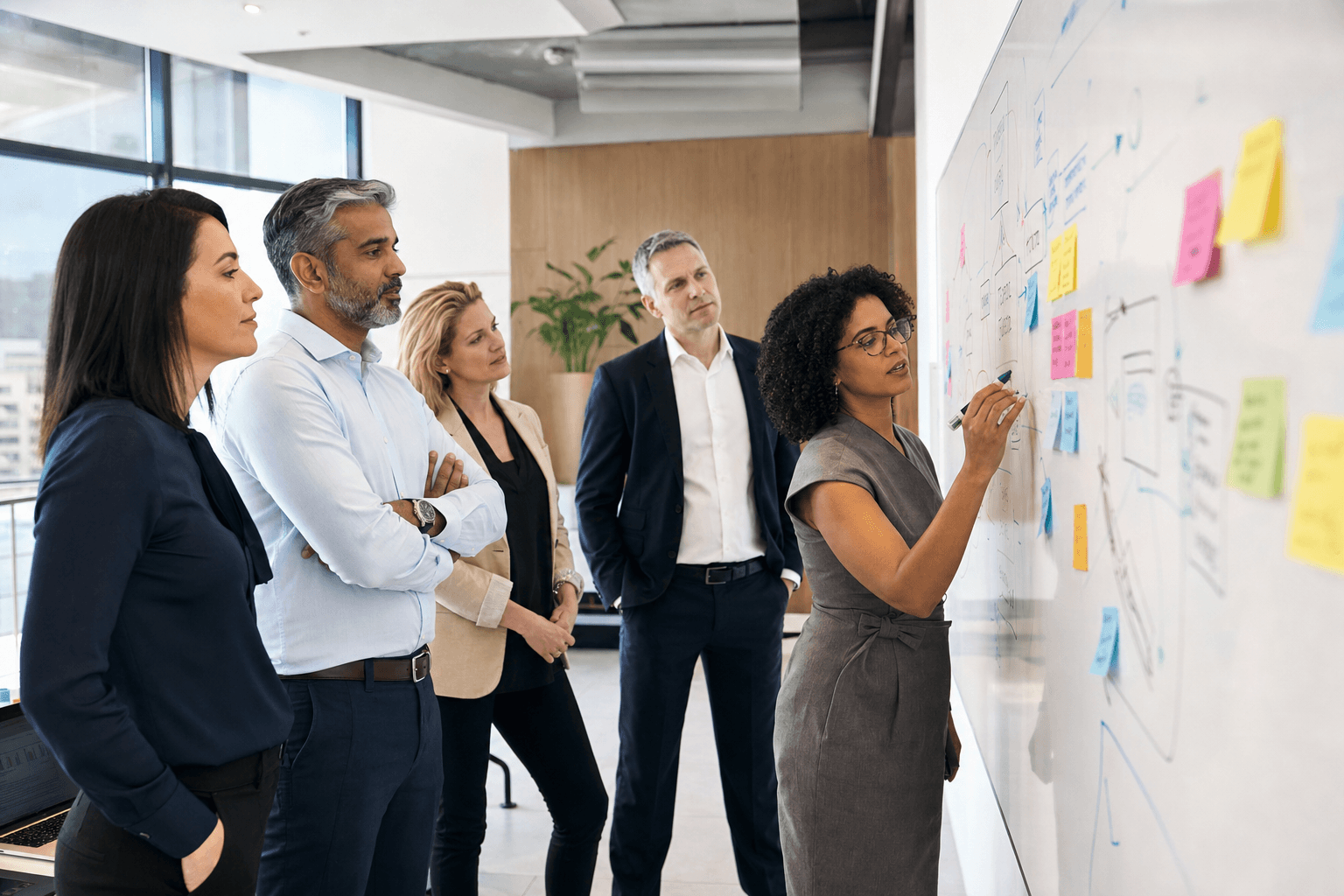 Executives and consultants co-designing an AI transformation roadmap