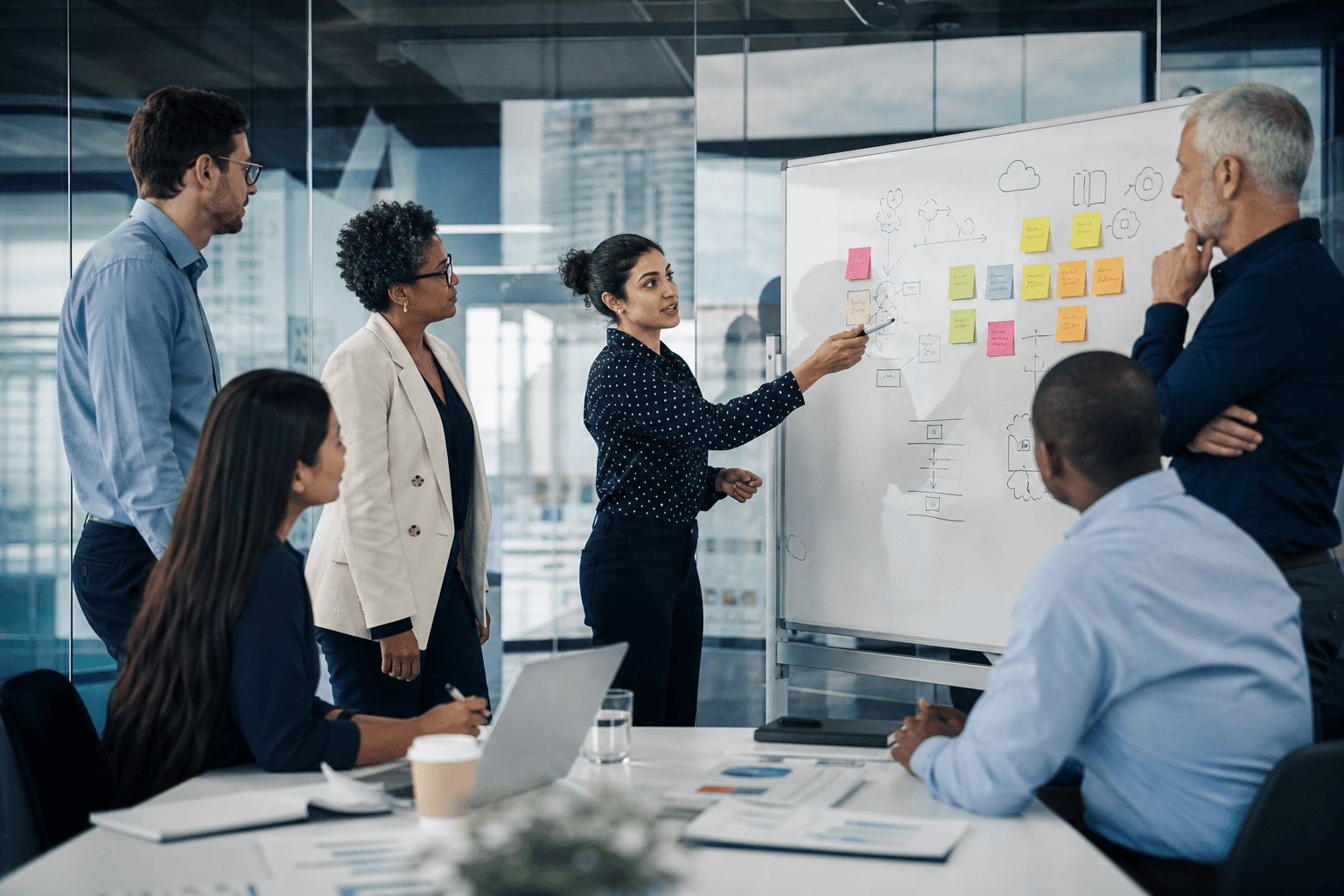 Consultants and clients co-designing a transformation roadmap at a whiteboard