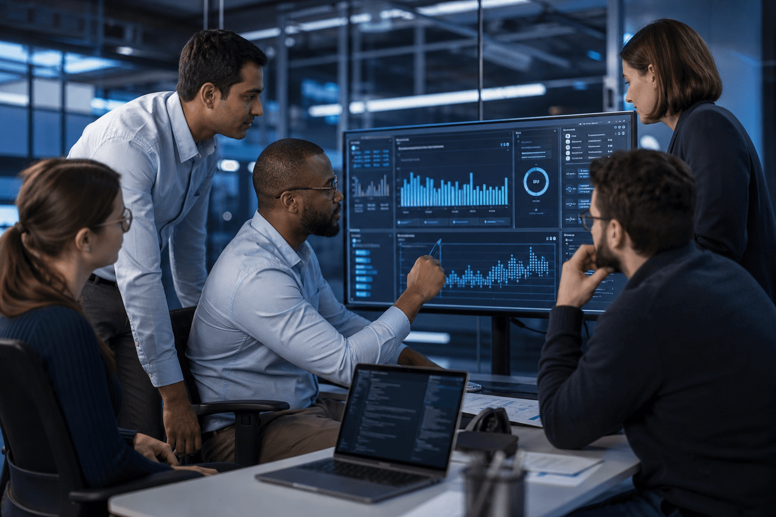 Product and engineering teams collaborating around an enterprise software dashboard