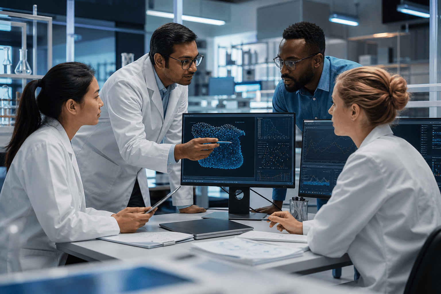 Scientists and data specialists reviewing research findings together in a lab