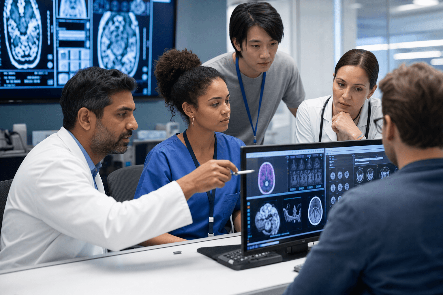Clinical and engineering staff reviewing medical imaging AI workflows
