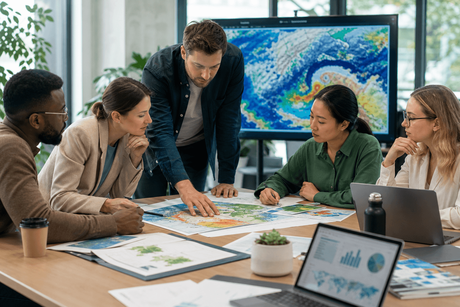 Interdisciplinary team analyzing climate risk and sustainability indicators