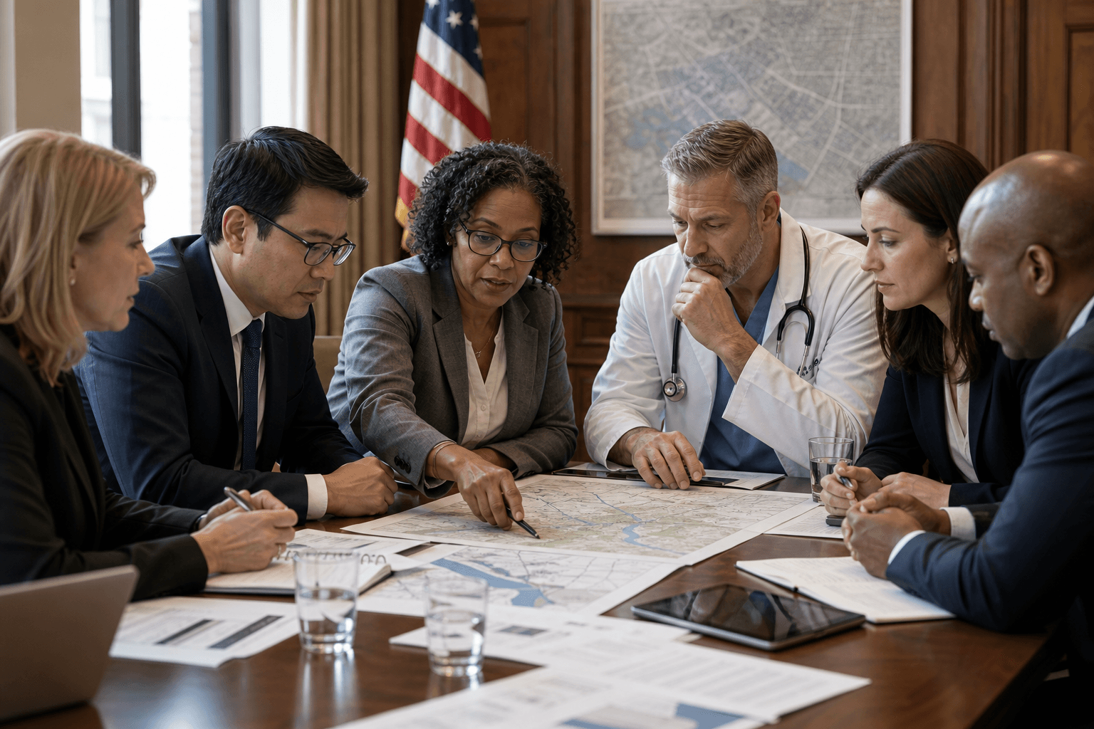 Institutional leaders from government, healthcare, and research in a joint planning session