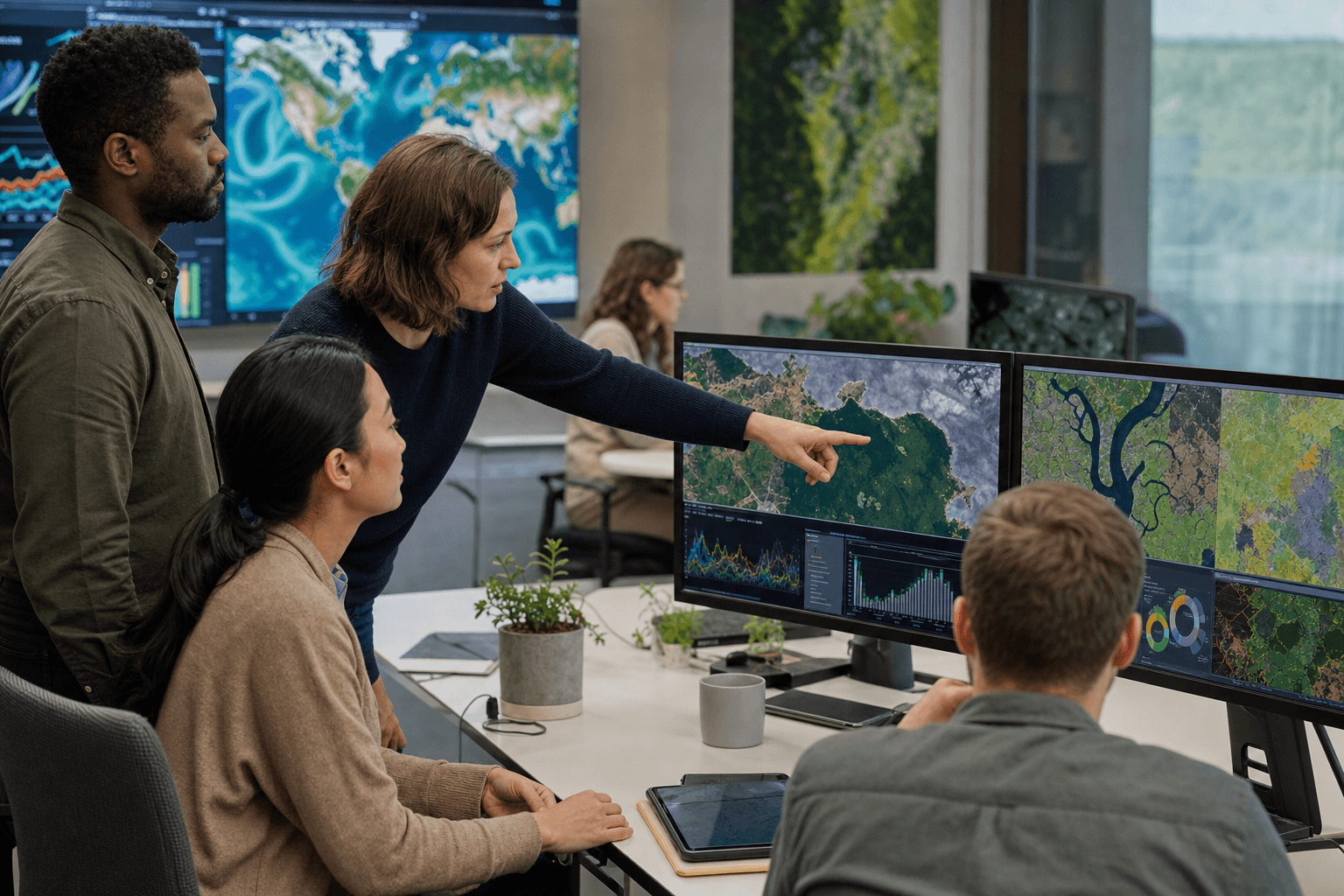 Analysts reviewing geospatial and environmental monitoring dashboards