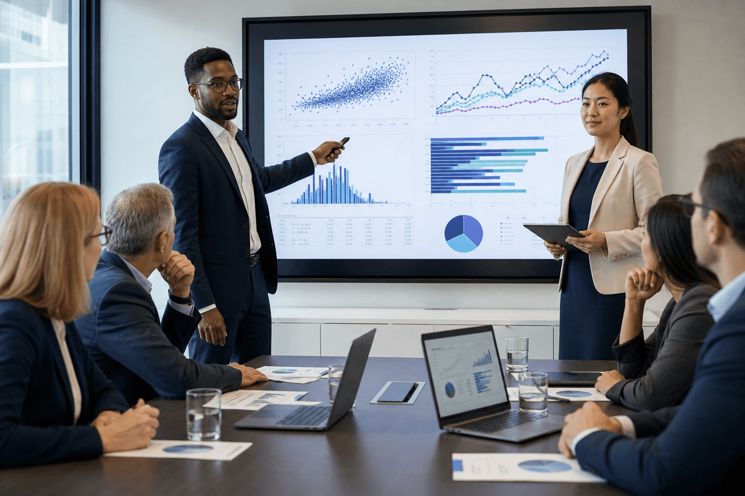 Data scientists presenting validated models to decision-makers