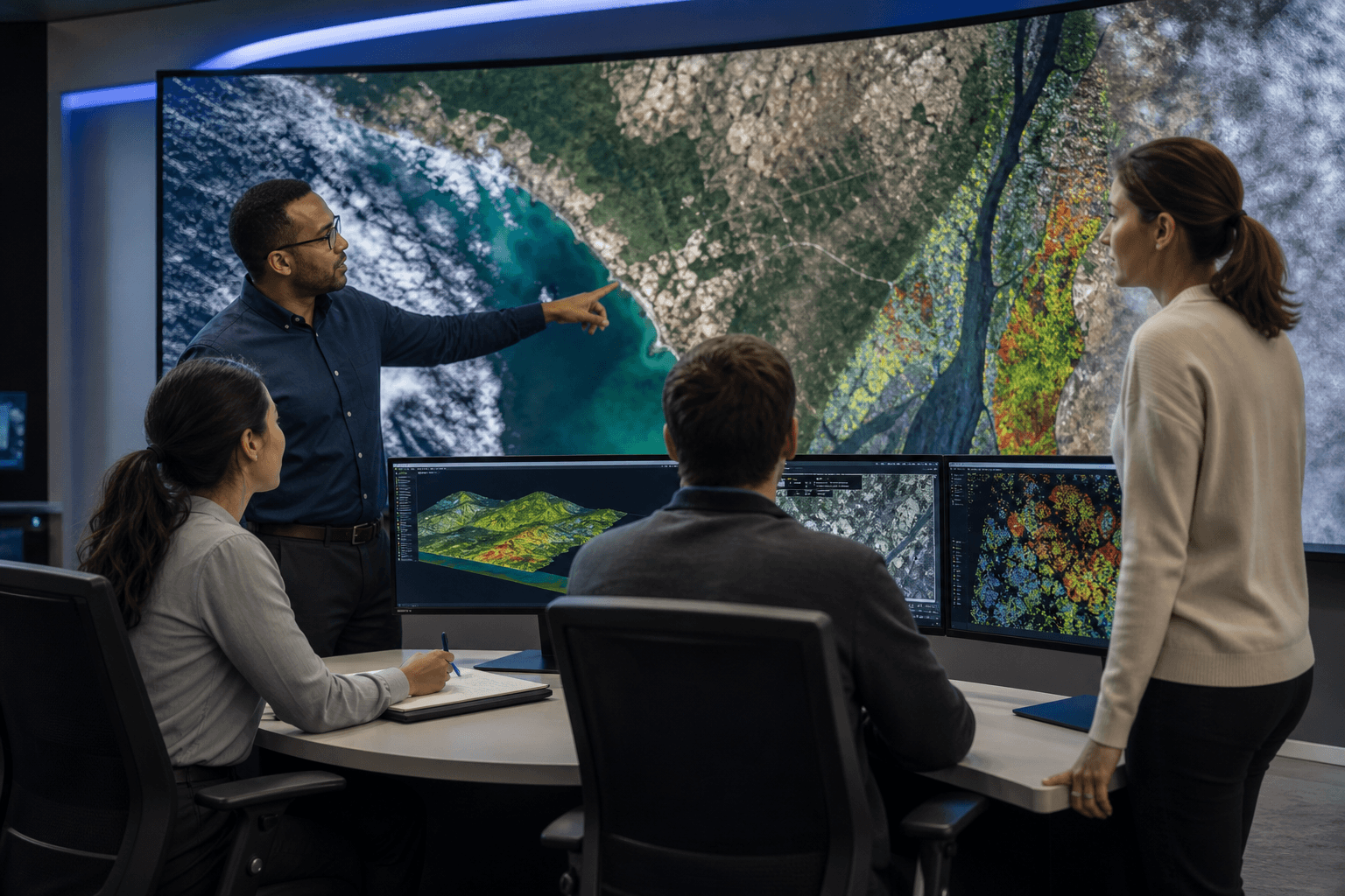 Geospatial analysts interpreting remote sensing and earth observation data